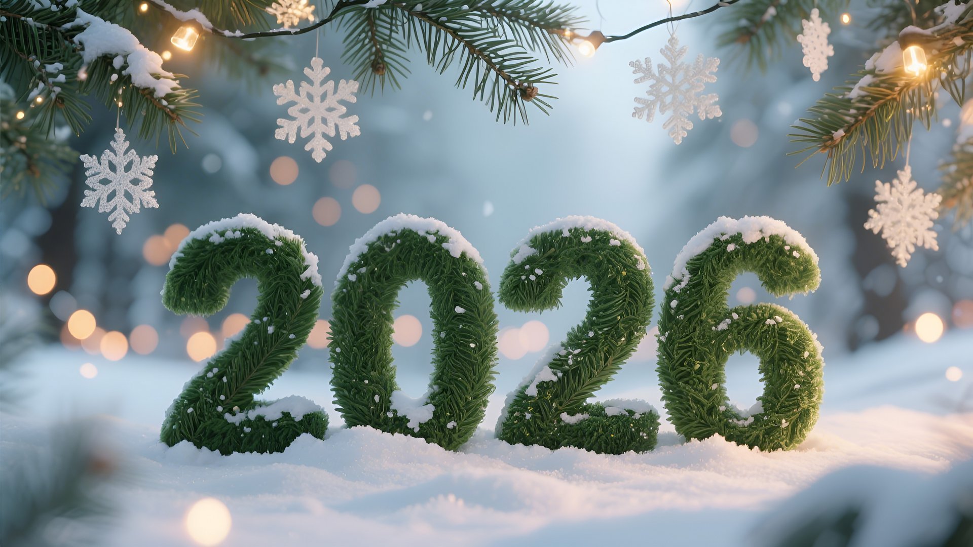 Symbolbild: Jahreszahl "2026" in Form von Tannennadeln im Schnee