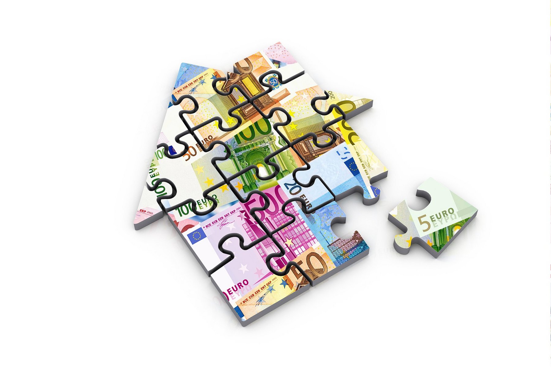 Puzzle in Form eines Hauses auf dem Geldscheine abgebildet sind